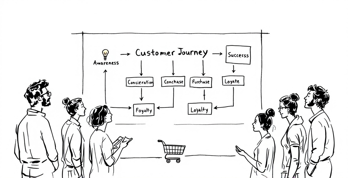 Minimalistic scene of a customer journey map with marketers analyzing it.