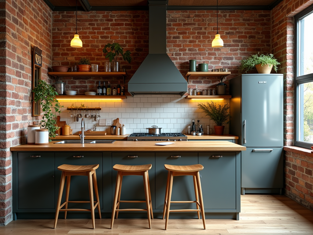 Chic urban loft style kitchen with exposed brick