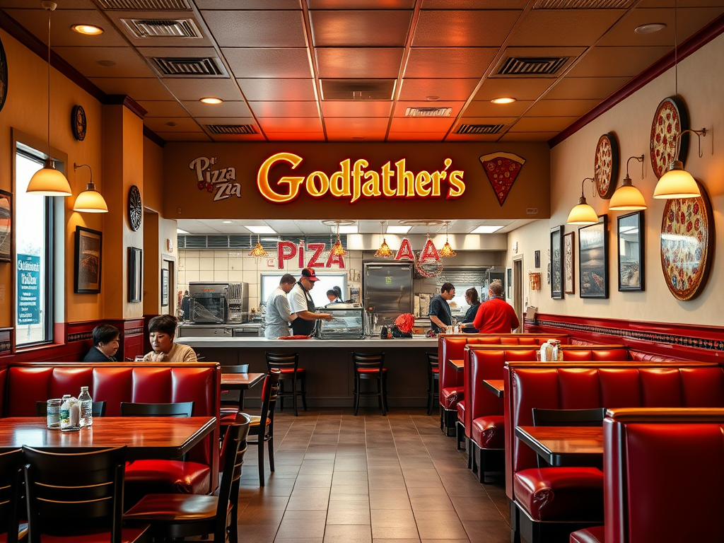 Create a realistic image of the interior of a Godfather's Pizza restaurant in West Point, GA, showing a cozy dining area with red booths, wooden tables, and pizza-themed decor on the walls. Include a view of the open kitchen with staff preparing pizzas, and a few customers enjoying their meals. The lighting should be warm and inviting, creating a casual family-friendly atmosphere.