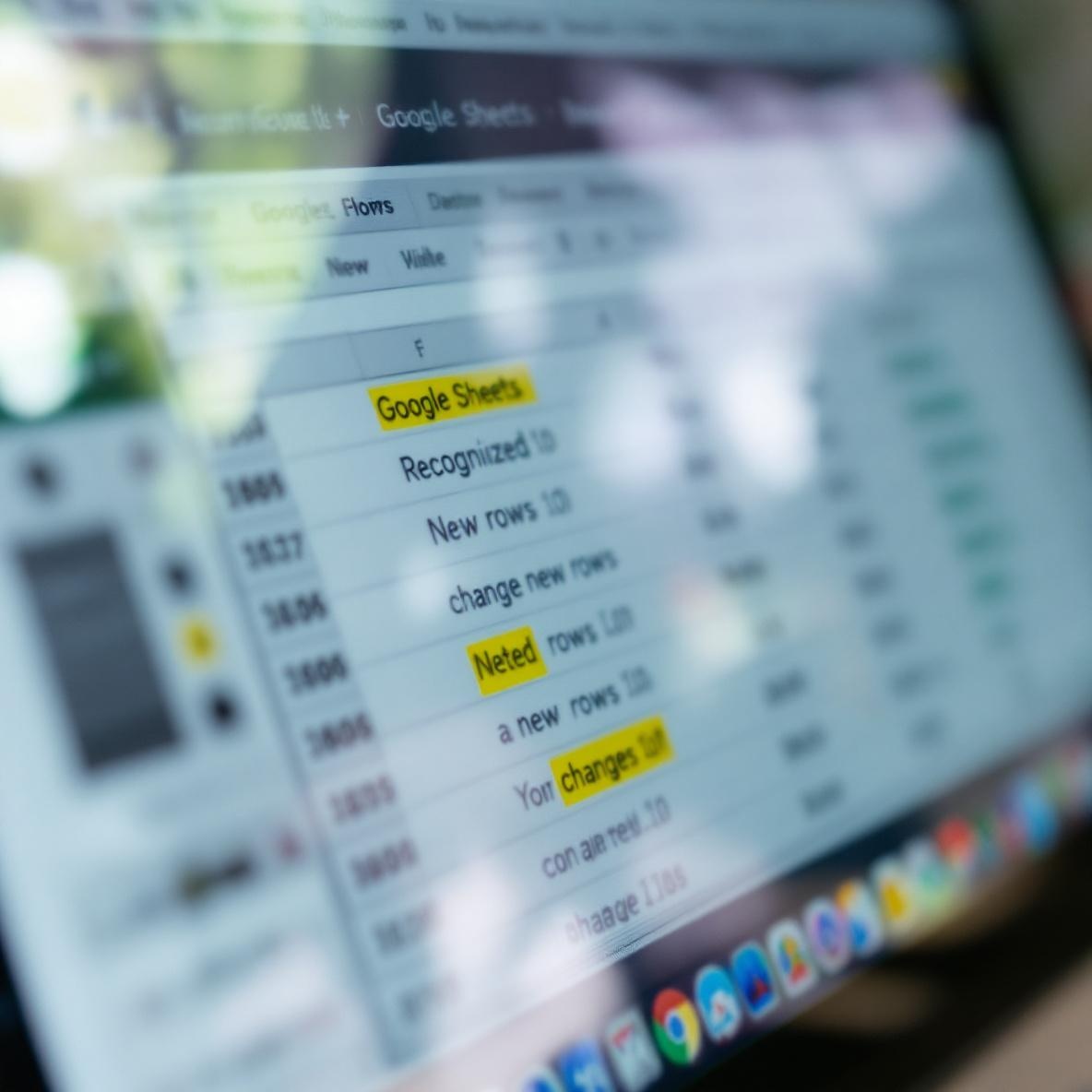 A computer screen shows a Google Sheets document with highlighted cells indicating failed changes. The surrounding workspace has natural light and a clean desk.