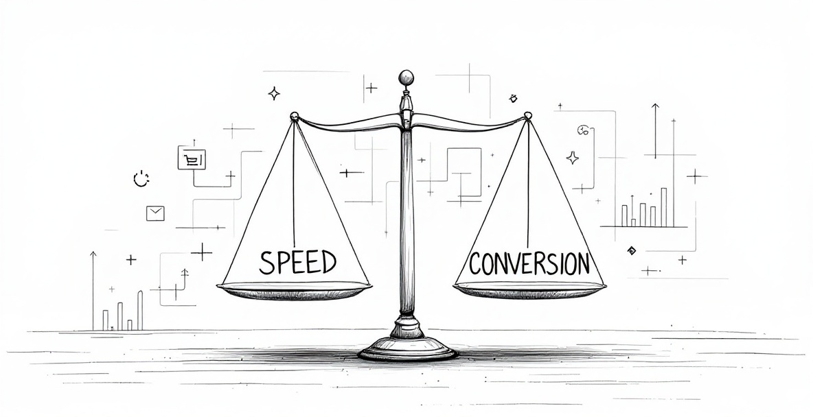 Minimalist sketch of a balanced scale with 'SPEED' and 'CONVERSION' on opposite sides, surrounded by website elements