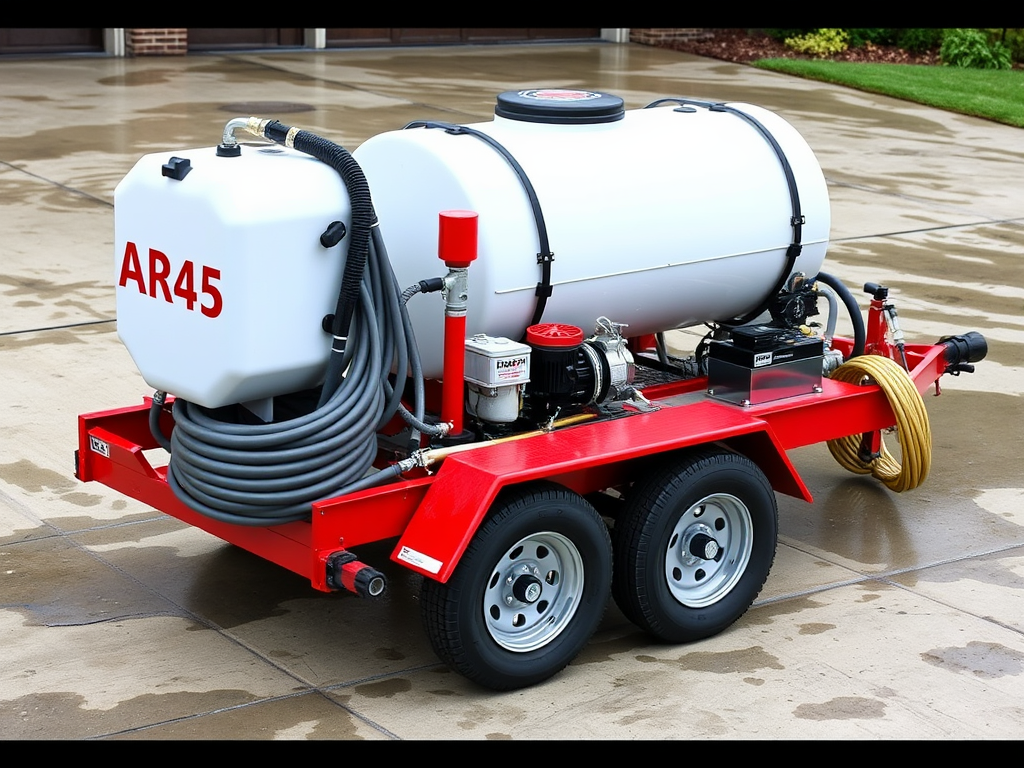 Create a realistic image of a pressure washing soft wash AR45 skid mounted on a trailer, featuring a large water tank, high-pressure pump, chemical injector, and long hoses neatly coiled. The skid is painted bright red with "AR45" clearly visible on its side. The background shows a residential driveway with a dirty concrete surface, implying the skid's intended use.