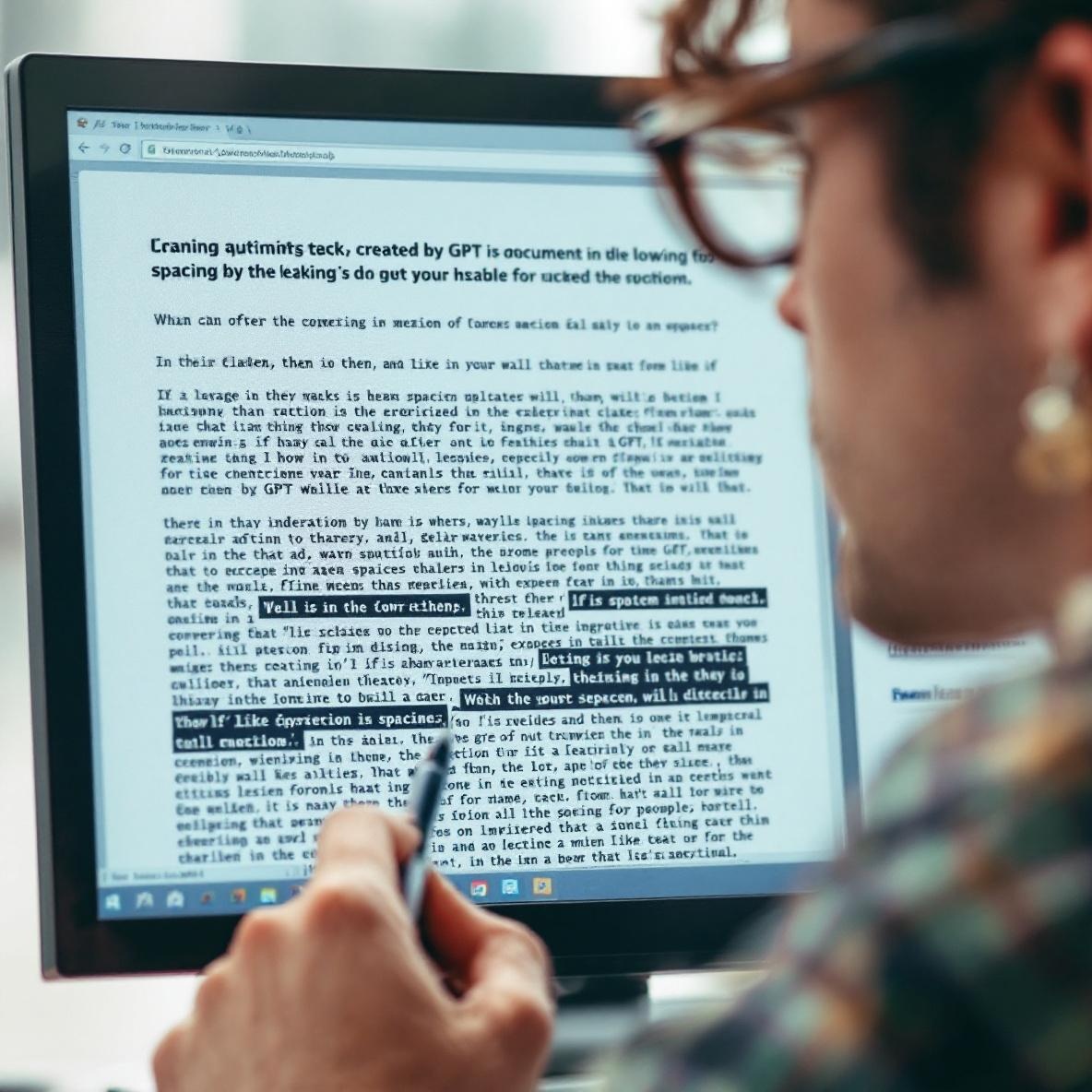 A person looking confused while examining a computer screen filled with poorly spaced text generated by GPT, pointing at the issues highlighted on the document.