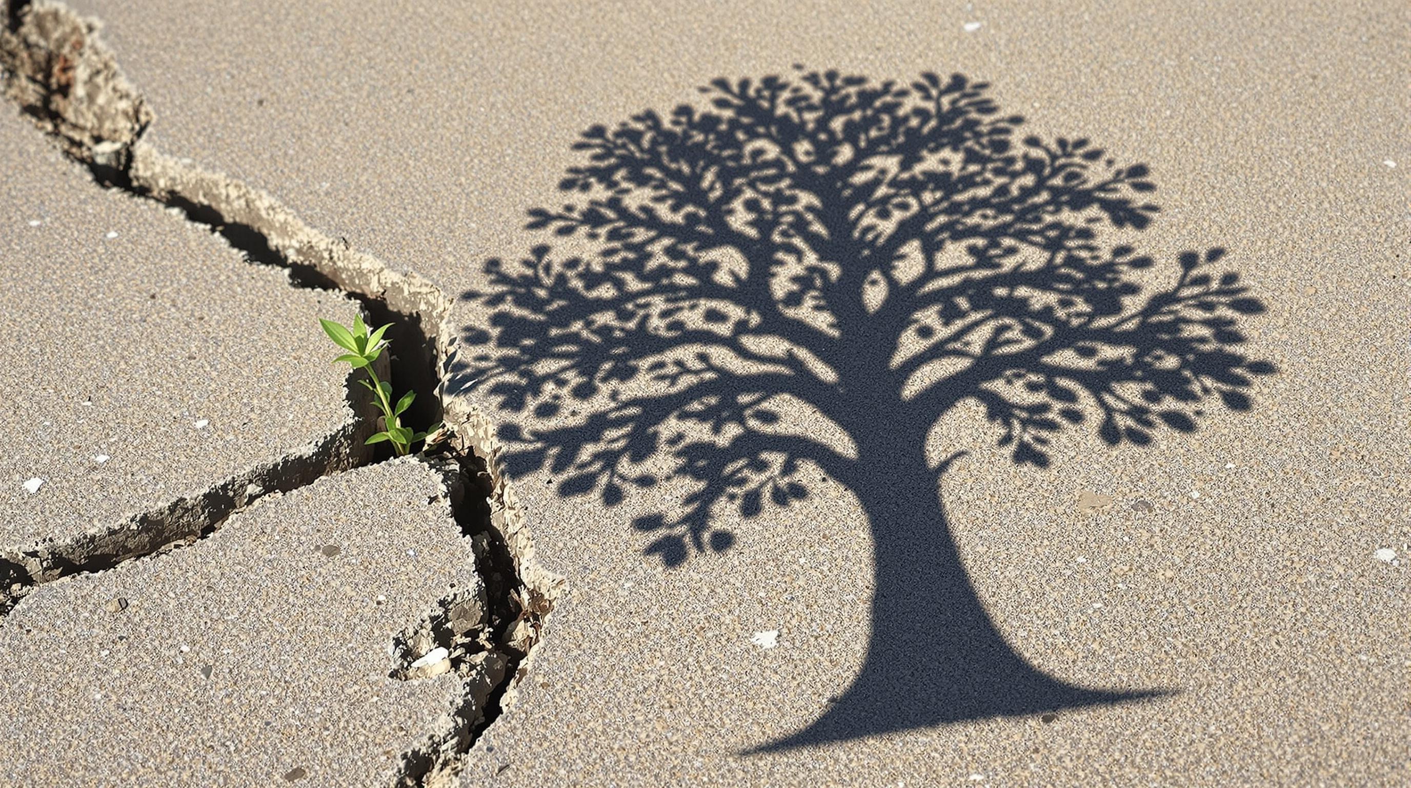 A seedling growing from a crack in concrete casting a much larger shadow than itself