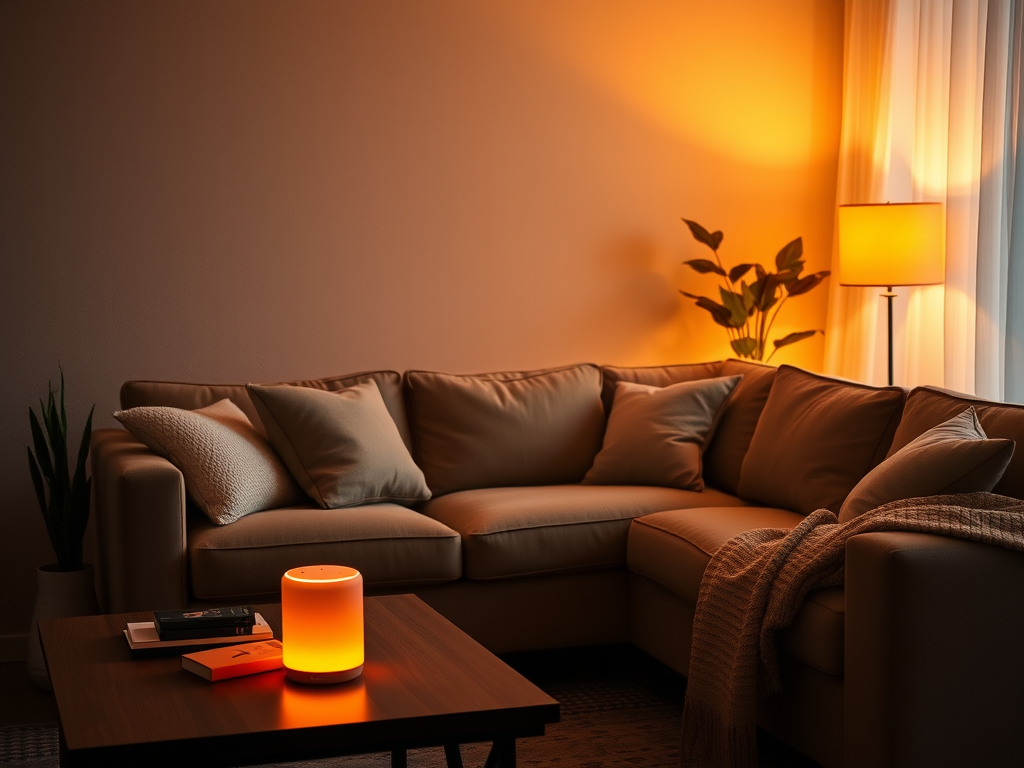 Create a realistic image of a cozy living room with warm, ambient lighting provided by an Amazon Echo Glow smart light. The room features a comfortable sofa, a coffee table with books, and soft throw pillows. The Echo Glow casts a soothing orange glow, creating a relaxing atmosphere. A potted plant in the corner adds a touch of nature. The overall scene exudes comfort and tranquility, showcasing how smart lighting can enhance a home's ambiance.