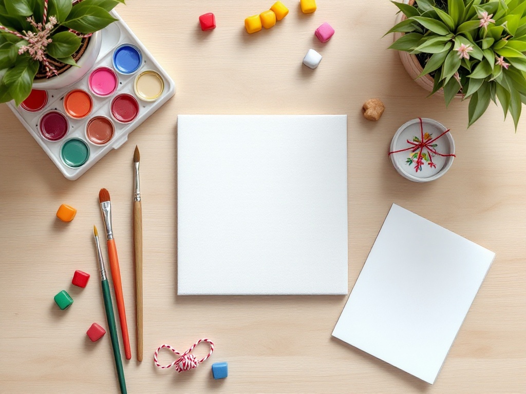 A photorealistic shot capturing a colorful, simple art set for children including watercolor paints, brushes, and a small canvas, arranged next to a handmade card and a traditional martisor with a red and white string, all placed on a light wooden table