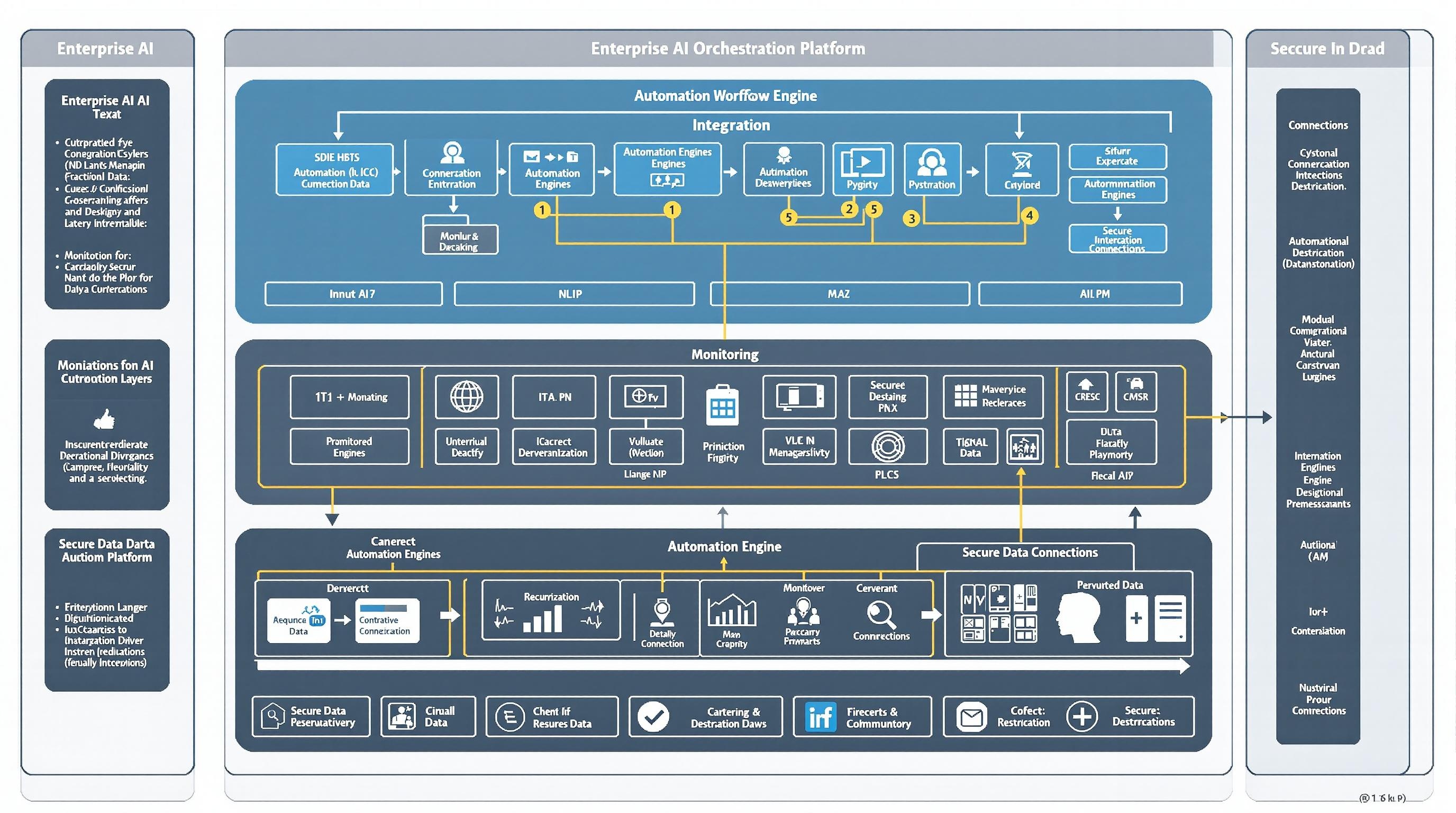 Professional, modern visualization of an enterprise AI orchestration platform architecture, with modular workflow blocks, integration layers, automation engines, monitoring dashboards, and secure data connections, sleek digital style, clean layout, 16:9 aspect ratio