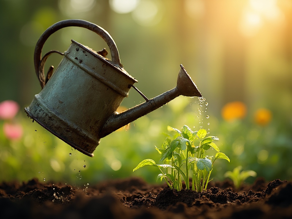 empty (no water) watering can tipped in air onto some saplings