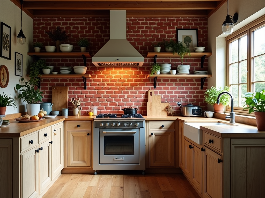 Serene Country Kitchen with a Red Brick Accent Wall