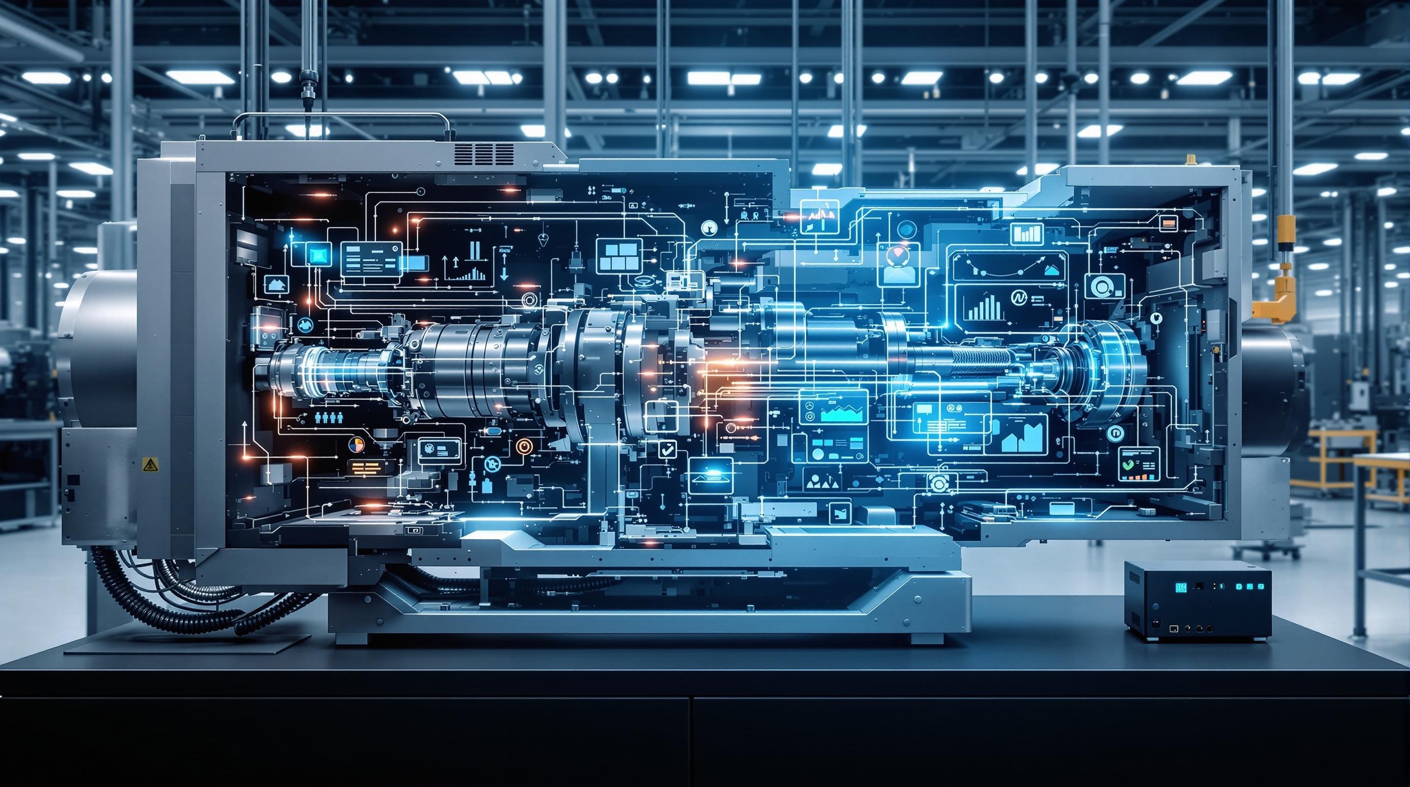 Split-scene illustration showing predictive maintenance in manufacturing, energy utilities, and transportation—factory robots, wind turbines, and fleet vehicles with digital monitoring overlays, professional and modern look, 16:9 aspect ratio
