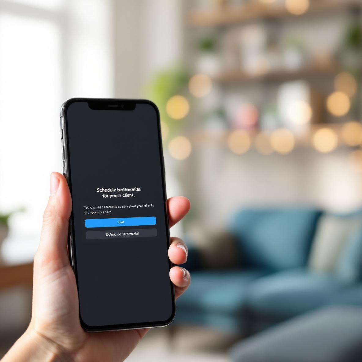 A smartphone displaying a chat window with a scheduled message prompting a client for a testimonial, in a comfortable office setting.
