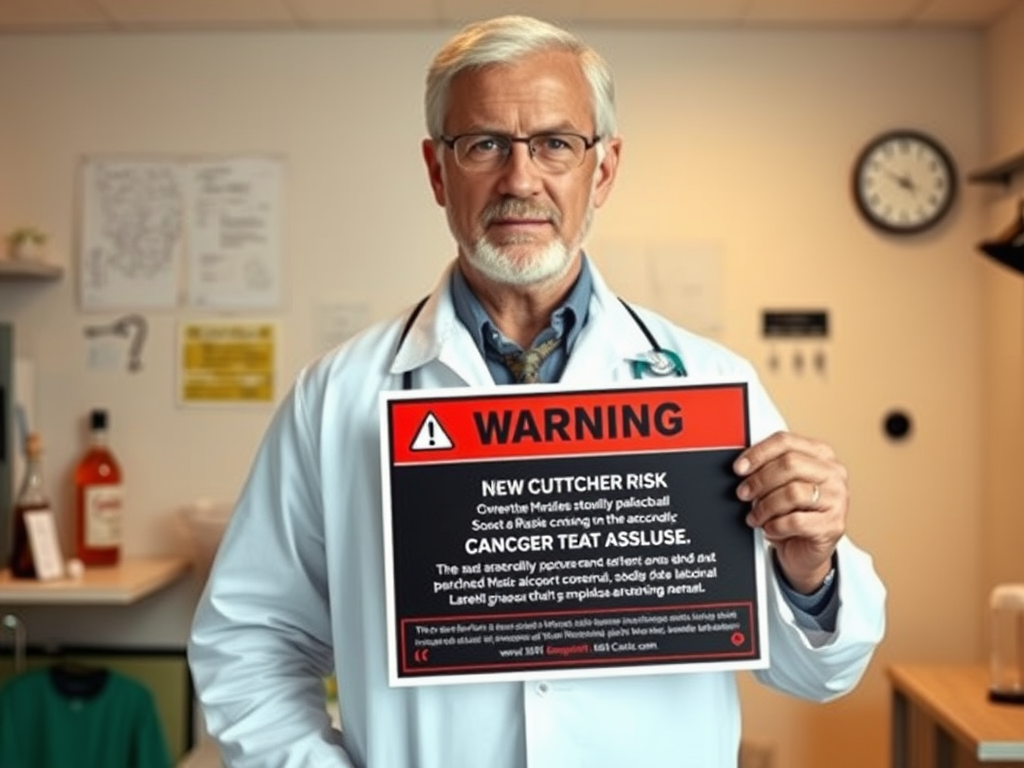 Create a realistic image of a serious-looking white male doctor in a white coat, standing in a medical office, holding up a large mockup of a new alcohol warning label that highlights cancer risk, with medical charts and a bottle of alcohol visible in the background, warm lighting illuminating the scene.