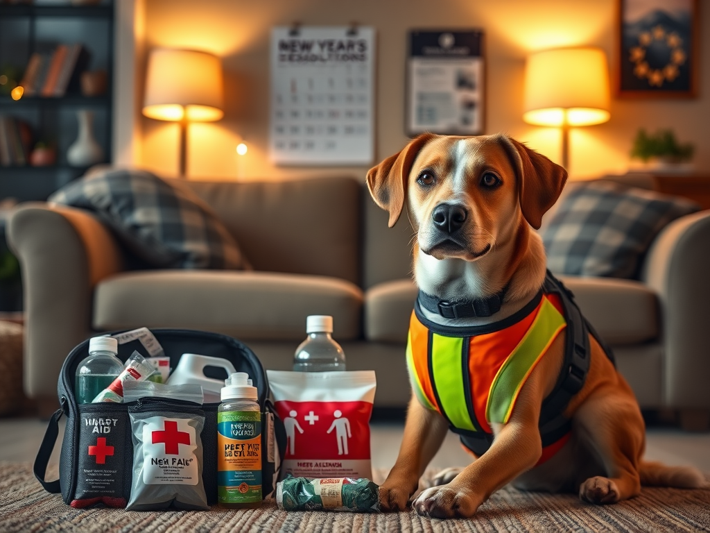 Create a realistic image of a dog wearing a reflective safety vest, sitting next to an emergency pet kit containing first aid supplies, water bottle, and pet food. The background shows a living room with a calendar displaying "New Year's Resolutions" on the wall. Warm, indoor lighting illuminates the scene, creating a sense of safety and preparedness.