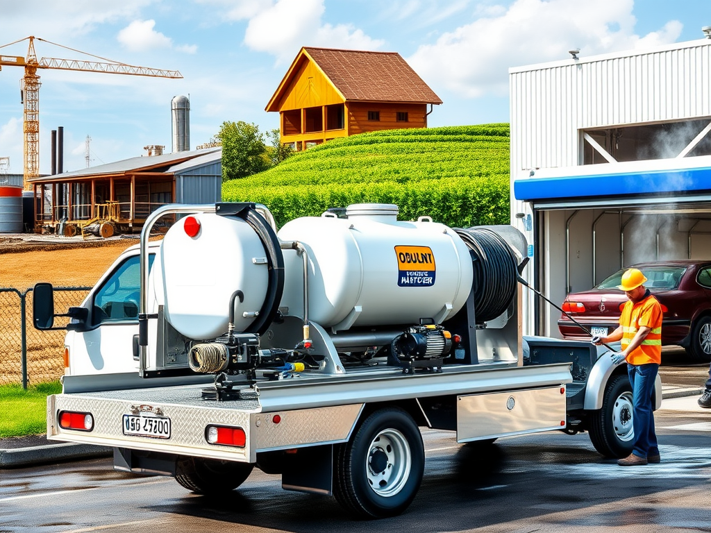 Create a realistic image of a pressure washer skid mounted on a truck bed, with various industrial and commercial settings in the background including a construction site, a farm, and a car wash facility. The skid should feature a large water tank, pump, and hose reel. Show workers using pressure washers to clean different surfaces in these settings, emphasizing the versatility of the equipment across multiple industries.