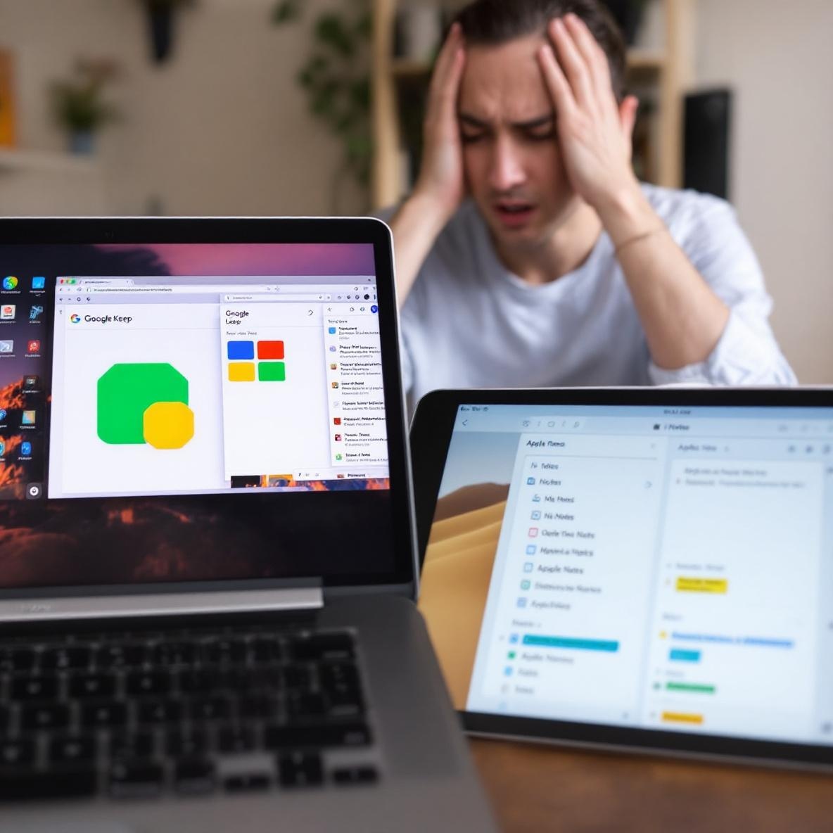 A frustrated person looks at their laptop displaying Google Keep and their tablet showing Apple Notes, struggling to share notes between the two platforms, reflecting shared notes friction.