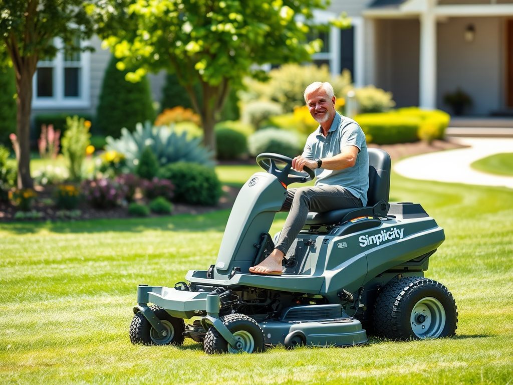 Create a realistic image of a white male homeowner operating a modern Simplicity riding lawn mower on a lush green lawn, with a satisfied smile on his face. The mower features advanced controls and a comfortable seat. In the background, a well-manicured garden and a neat suburban house are visible. Bright sunlight illuminates the scene, highlighting the efficiency and ease of the mowing process.