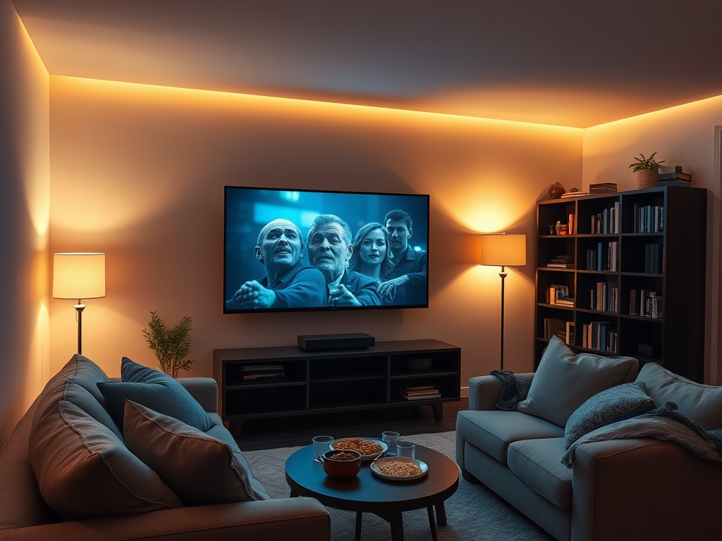 Create a realistic image of a cozy living room with an Echo Glow smart light casting a warm, ambient glow on the walls, complementing a large flat-screen TV showing a movie scene. The room features a comfortable sofa with throw pillows, a coffee table with snacks, and a bookshelf in the background. The lighting creates a cinematic atmosphere, enhancing the entertainment experience.