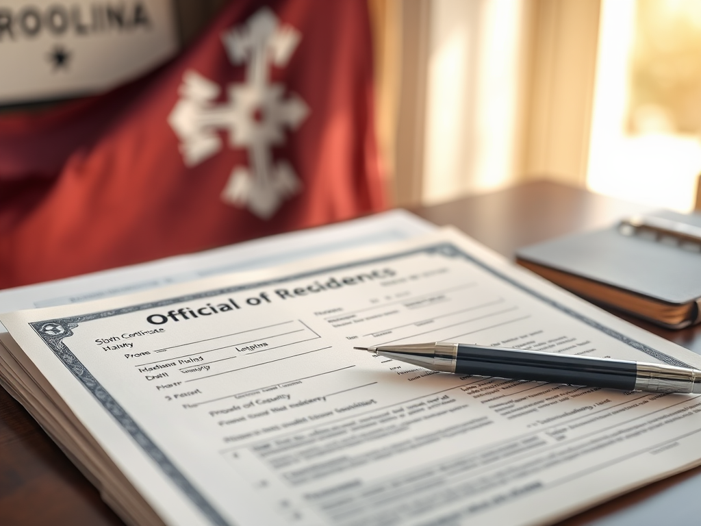 Create a realistic image of a stack of official documents on a desk, including a birth certificate, social security card, and proof of residency, with a South Carolina state flag partially visible in the background, and a pen resting on top of the documents, illuminated by soft natural light from a nearby window.