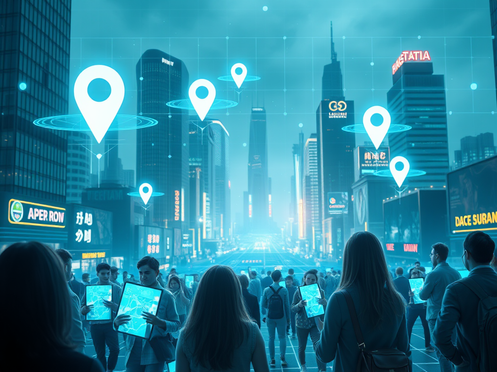 Create a realistic image of a futuristic cityscape with holographic maps and location pins floating above buildings, a diverse group of people using smartphones with augmented reality displays showing local business information, and a glowing grid overlay representing geolocation data covering the entire scene, all bathed in a blue-tinted light to convey a tech-forward atmosphere.