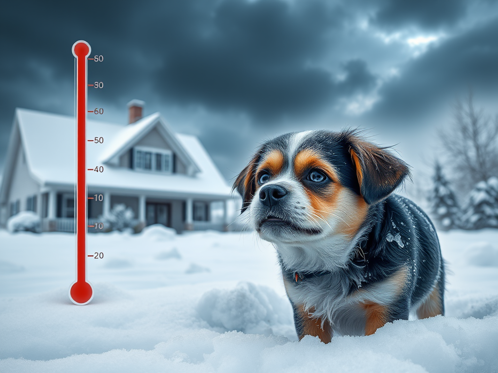 Create a realistic image of a shivering small dog with icicles on its fur, standing in deep snow against a backdrop of a snow-covered suburban house, with a visible thermometer showing an extremely low temperature, and dark storm clouds looming overhead, conveying a sense of danger and urgency.