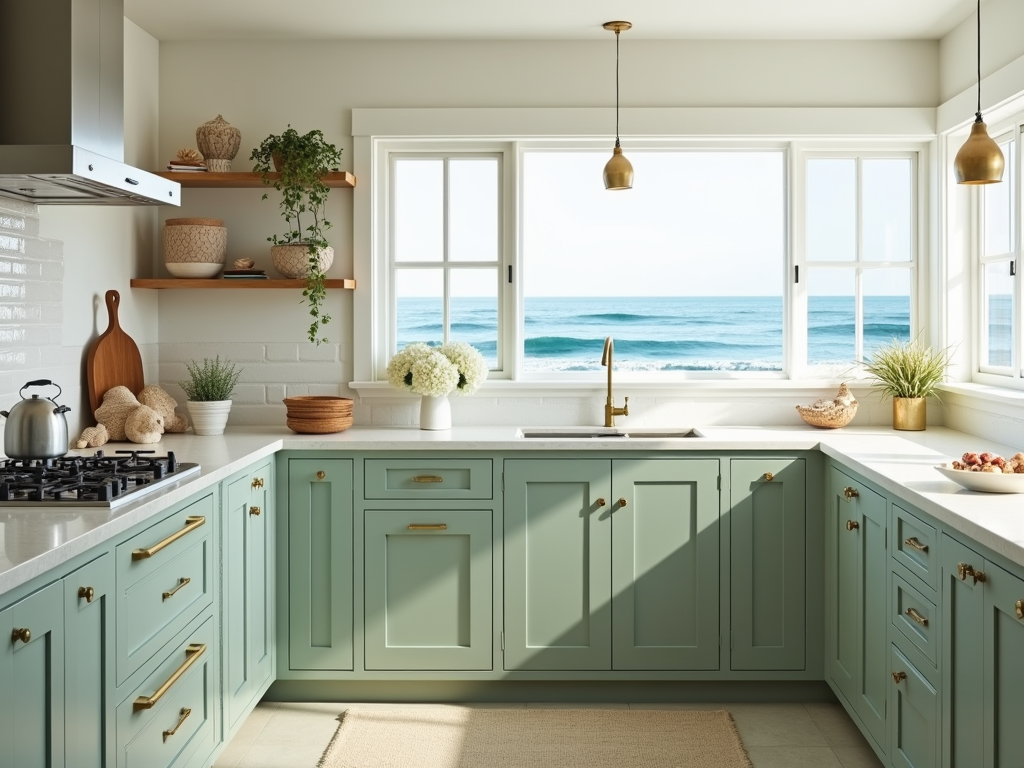 Breezy Coastal Charm: Sage Green Cabinets with Brass Hardware