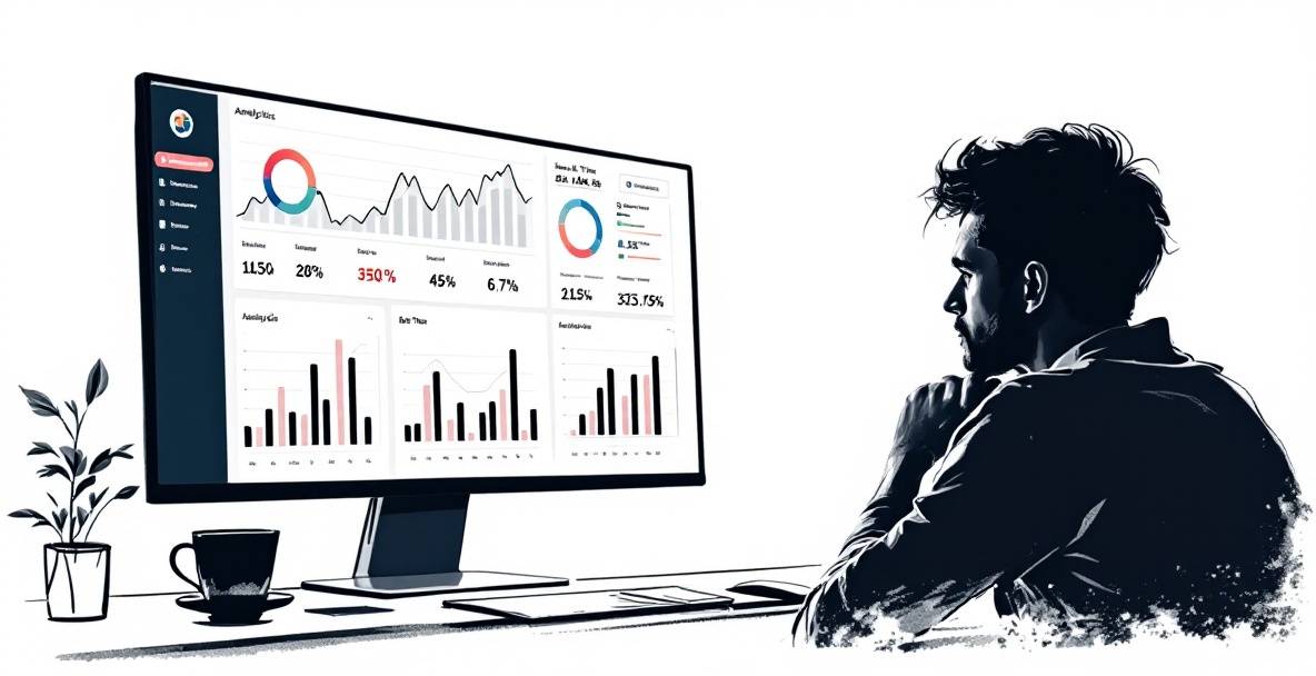 Sketch-style illustration of a marketer analyzing A/B test results on a computer screen.