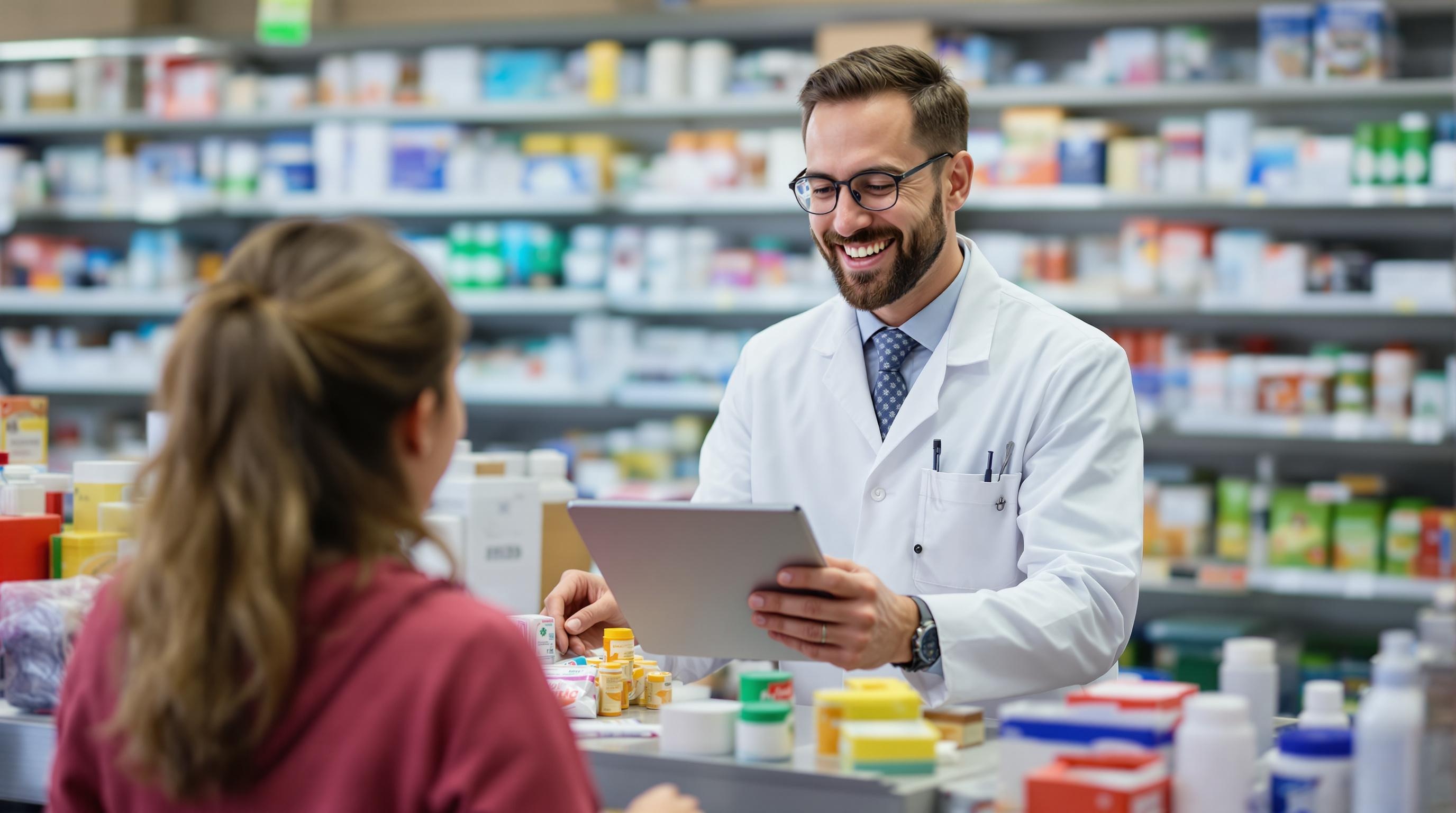 Pharmacist Assisting a Customer in a Pharmacy An authentic and candid photo of a pharmacist helping a customer with a friendly and knowledgeable demeanor.