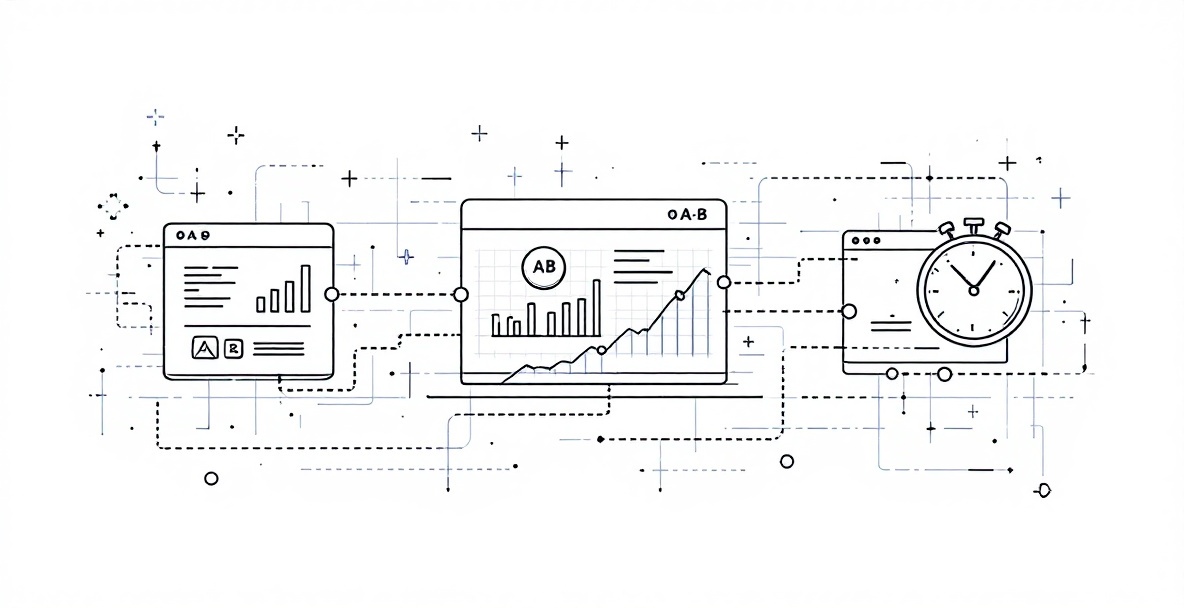 Minimalist illustration of A/B testing process showing webpage variations connected to analytics dashboard with performance metrics