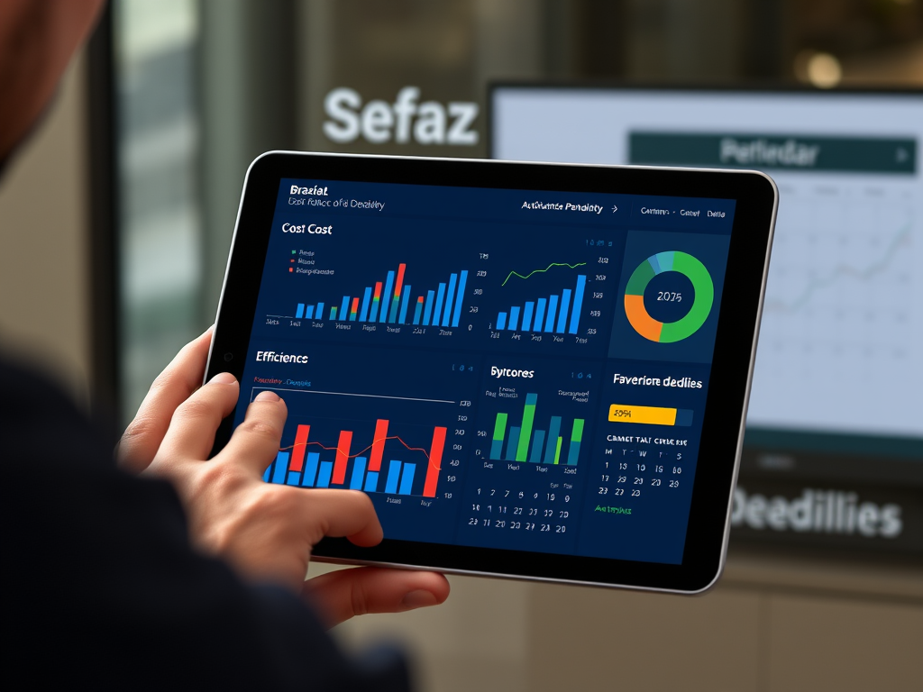 Create a realistic image of a businessperson using a tablet to view a digital dashboard with charts and graphs showing cost reduction and efficiency improvements, with a Brazilian tax office (Sefaz) logo visible in the background, and a calendar highlighting tax deadlines to emphasize avoiding penalties.