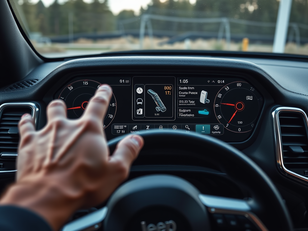 Create a realistic image of a Jeep Grand Cherokee dashboard with its digital display showing various vehicle systems and diagnostics, a hand reaching to interact with the touchscreen, and the steering wheel partially visible in the foreground, all lit by soft interior lighting to emphasize the technology and complexity of the vehicle's computer system.