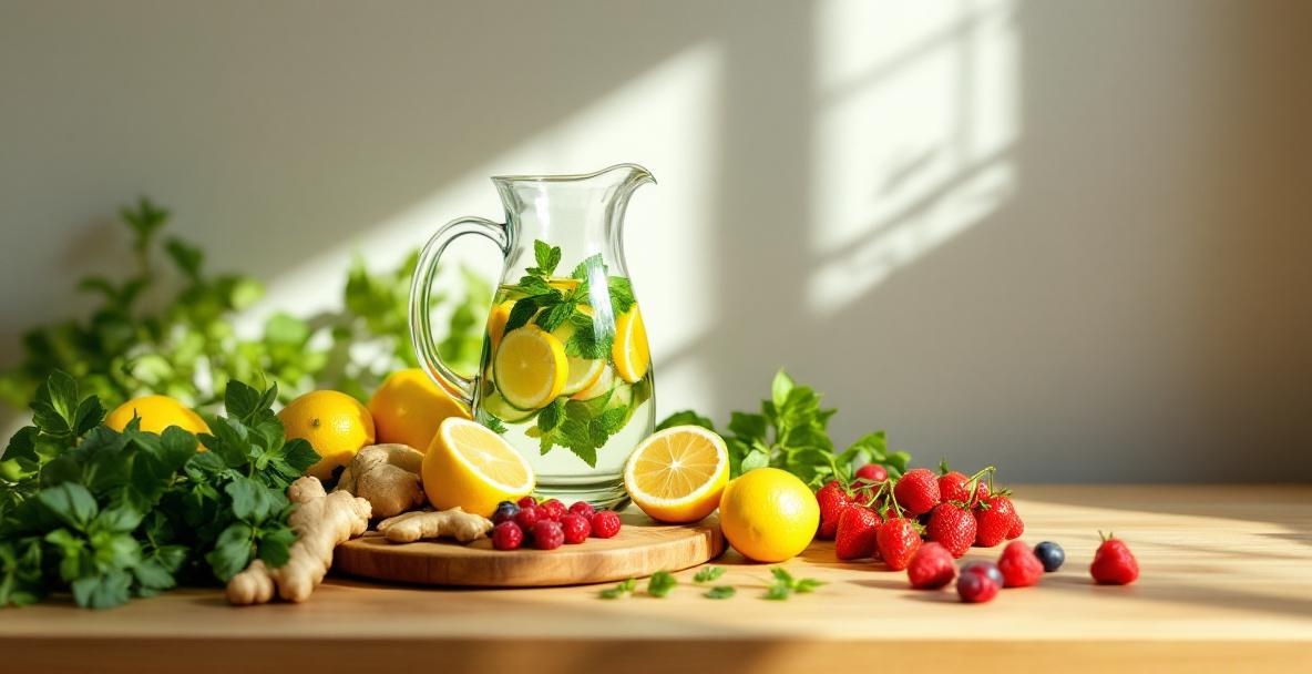 Serene kitchen with detox fruits and veggies on a wooden countertop and infused water pitcher.