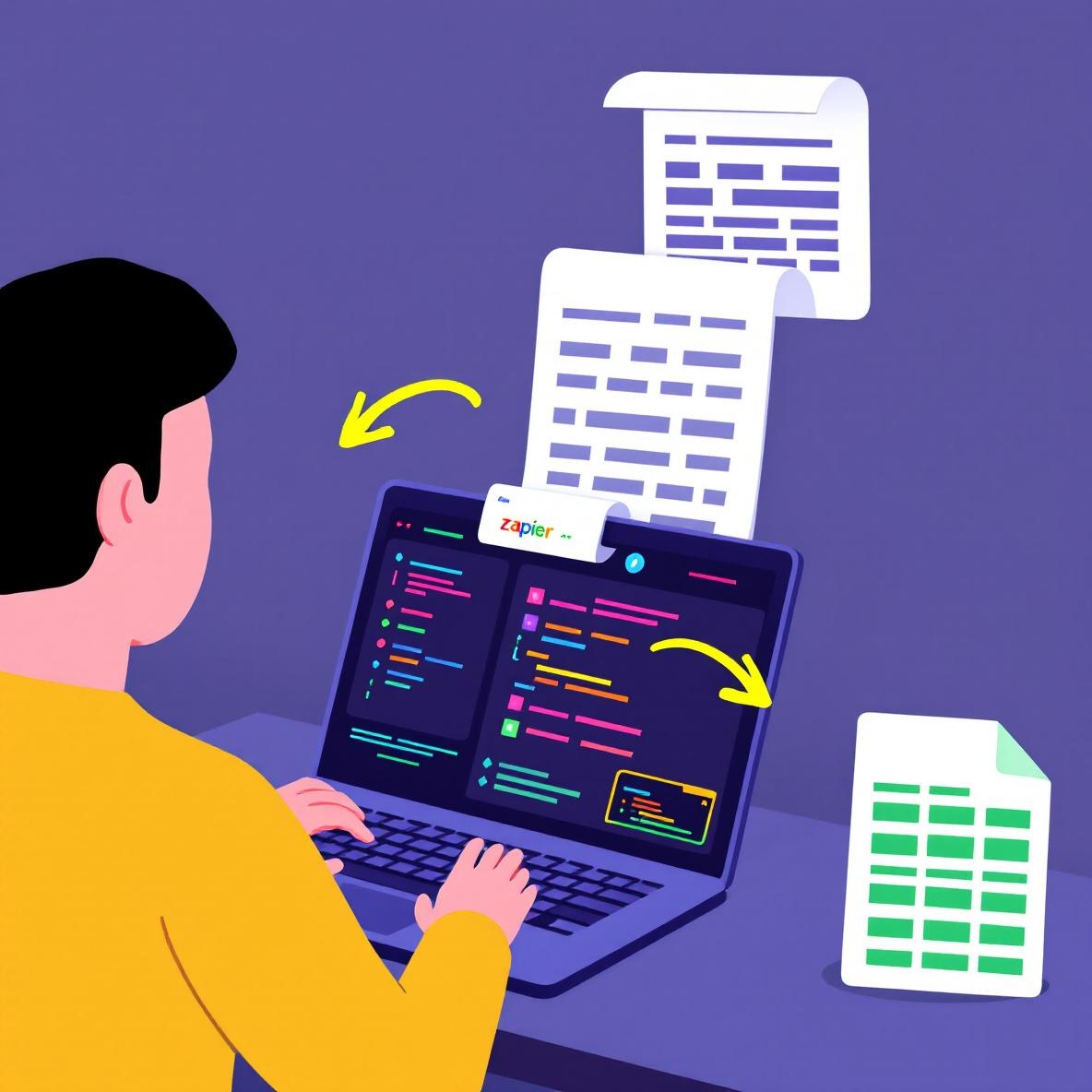A person in a modern office environment intently working on a laptop that displays the Zapier interface connected to Google Sheets, illustrating how ChatGPT assists in updating row data.
