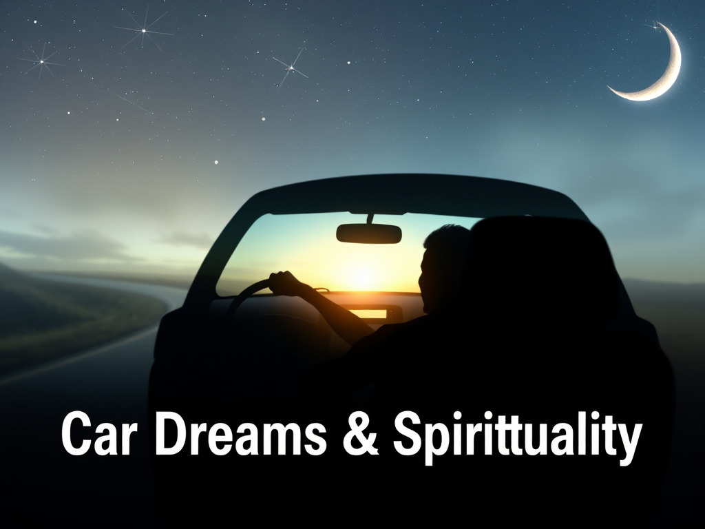 Create a realistic image of a person's silhouette driving a car on a winding road that fades into a dreamy, misty background with subtle spiritual symbols like stars and a crescent moon in the sky. The car should be partially transparent, revealing a glowing inner light. Text overlay: "Car Dreams & Spirituality".