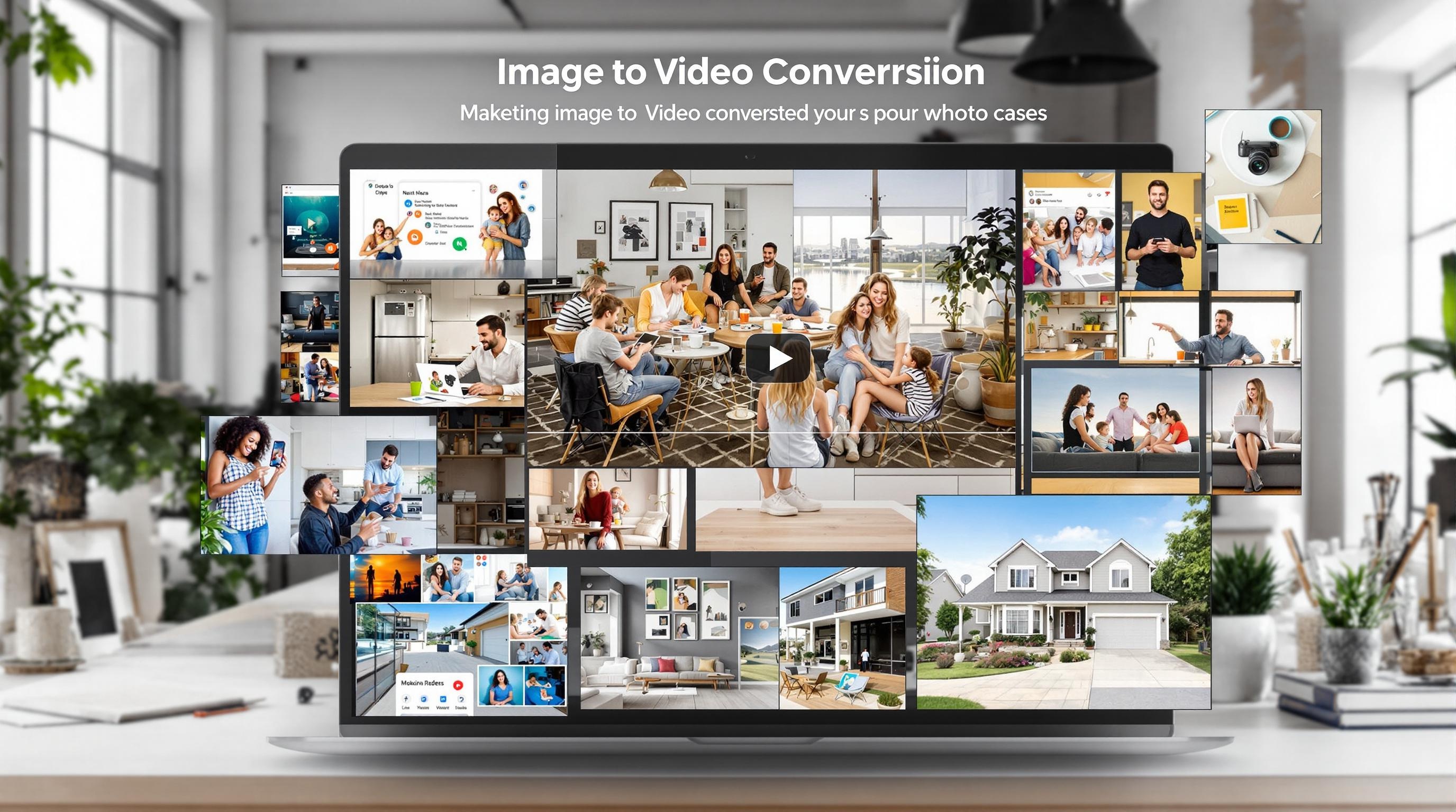 Vibrant collage of diverse use cases for image to video conversion, including marketing presentations, social media clips, family photo montages, and real estate tours, set in a modern digital environment, clean and professional style, 16:9 aspect ratio