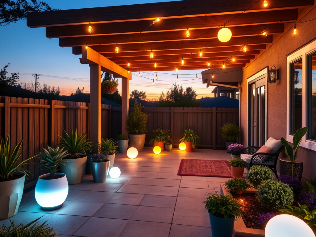 Create a realistic image of a cozy outdoor patio at dusk, illuminated by multiple Echo Glow smart lights in various warm colors, placed strategically around potted plants, hanging from pergola beams, and nestled in garden beds, creating a magical ambiance and transforming the space into an inviting evening retreat.