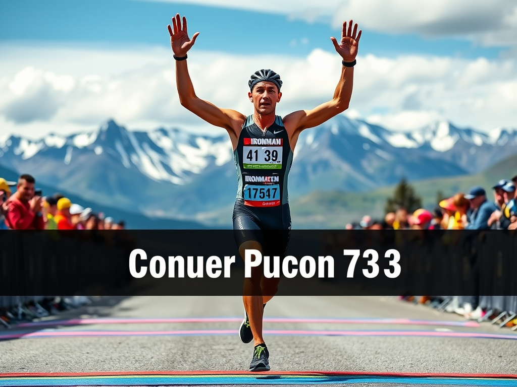 Create a realistic image of a determined triathlete crossing the IRONMAN 70.3 Pucon finish line with arms raised in triumph, surrounded by cheering spectators and scenic Andean mountains in the background. The athlete wears a sweat-soaked tri-suit, running shoes, and a race number. Text overlay: "Conquer Pucon 70.3".