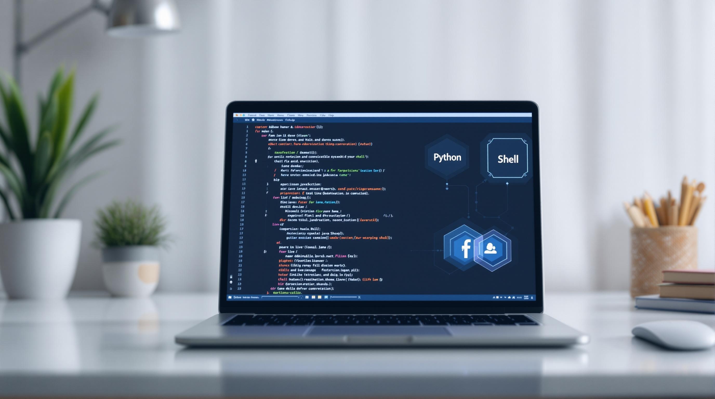 Modern workspace with a laptop displaying a command-line interface running code in multiple programming languages, digital icons for Python, JavaScript, and Shell, clean and professional environment, subtle AI elements, 16:9 aspect ratio