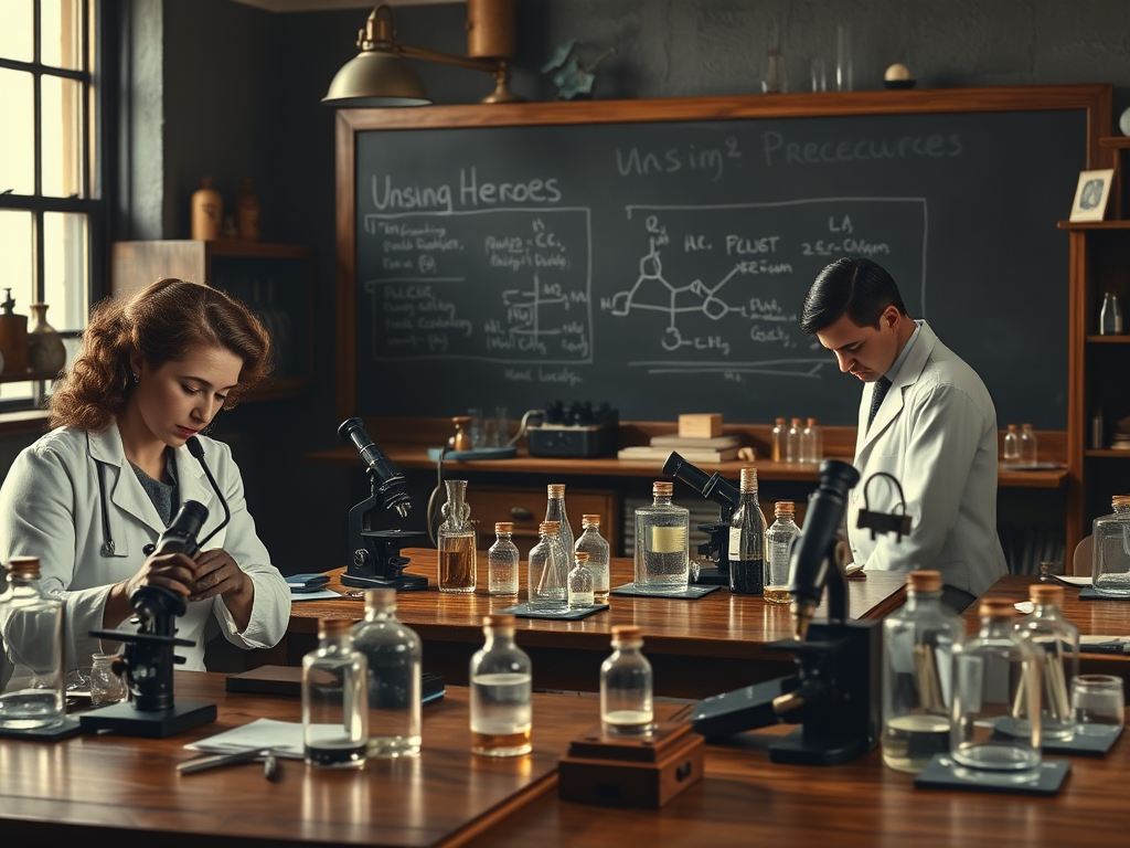 Create a realistic image of a dimly lit laboratory from the early 20th century with vintage scientific equipment, microscopes, and glass vials on wooden tables. In the foreground, show a diverse group of scientists, including a white female, a black male, and an Asian male, working diligently on vaccine research. Include a chalkboard in the background with partially visible scientific formulas and the faint text "Unsung Heroes" written in the corner.