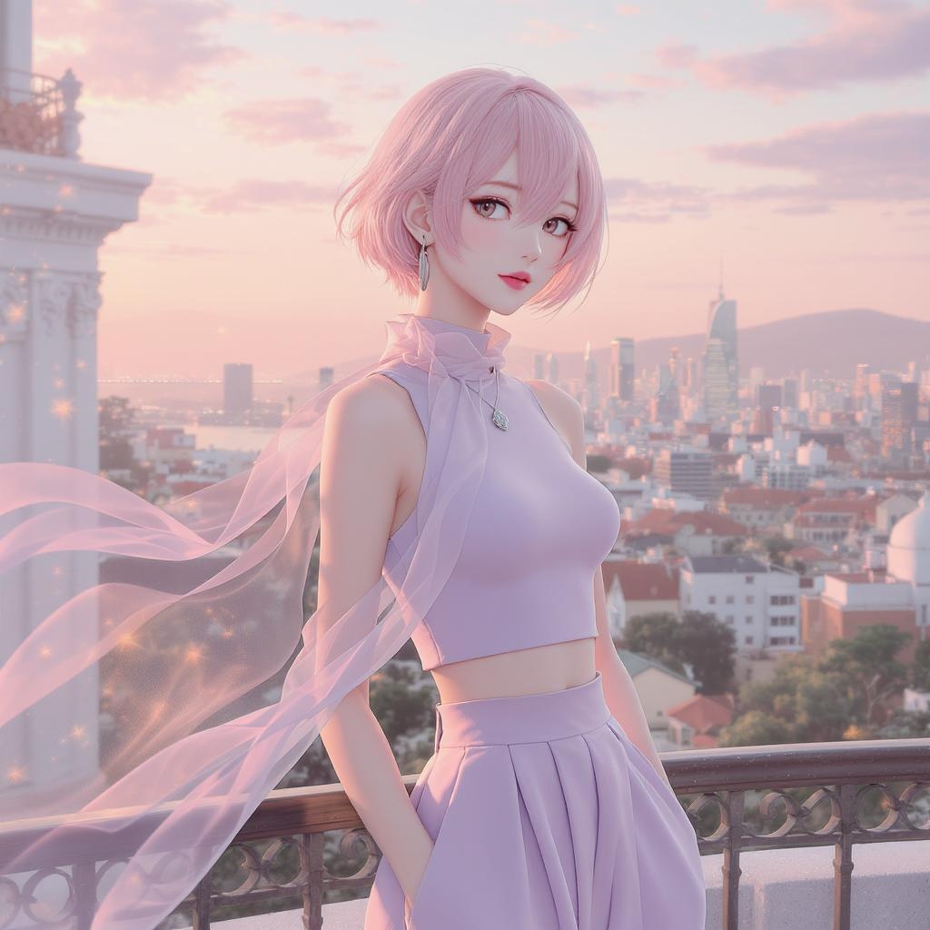 Elegant androgynous young man with delicate features, pastel pink bob length hair, wearing a sleeveless lavender crop top and high waisted pleated skirt, silver hoop earrings catching soft sunset light, leaning on a balcony as a pastel city skyline glows behind him, translucent chiffon scarf fluttering in a gentle breeze, cinematic anime style illustration, ultra detailed 8K render, soft ambient lighting, rich color depth








