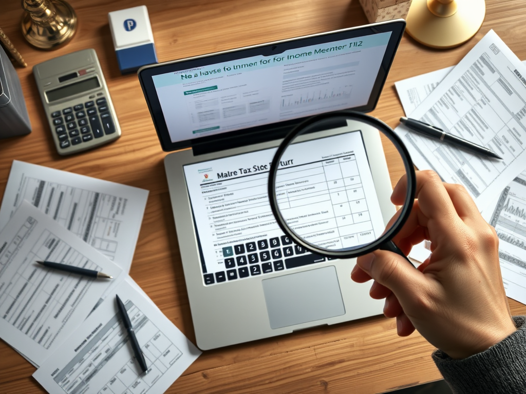 Create a realistic image of an organized desk with a laptop displaying a tax return form, a calculator, a pen, and scattered financial documents. A hand is visible, holding a magnifying glass over the tax return. The scene is well-lit, emphasizing the importance and detail of tax documents for income verification.