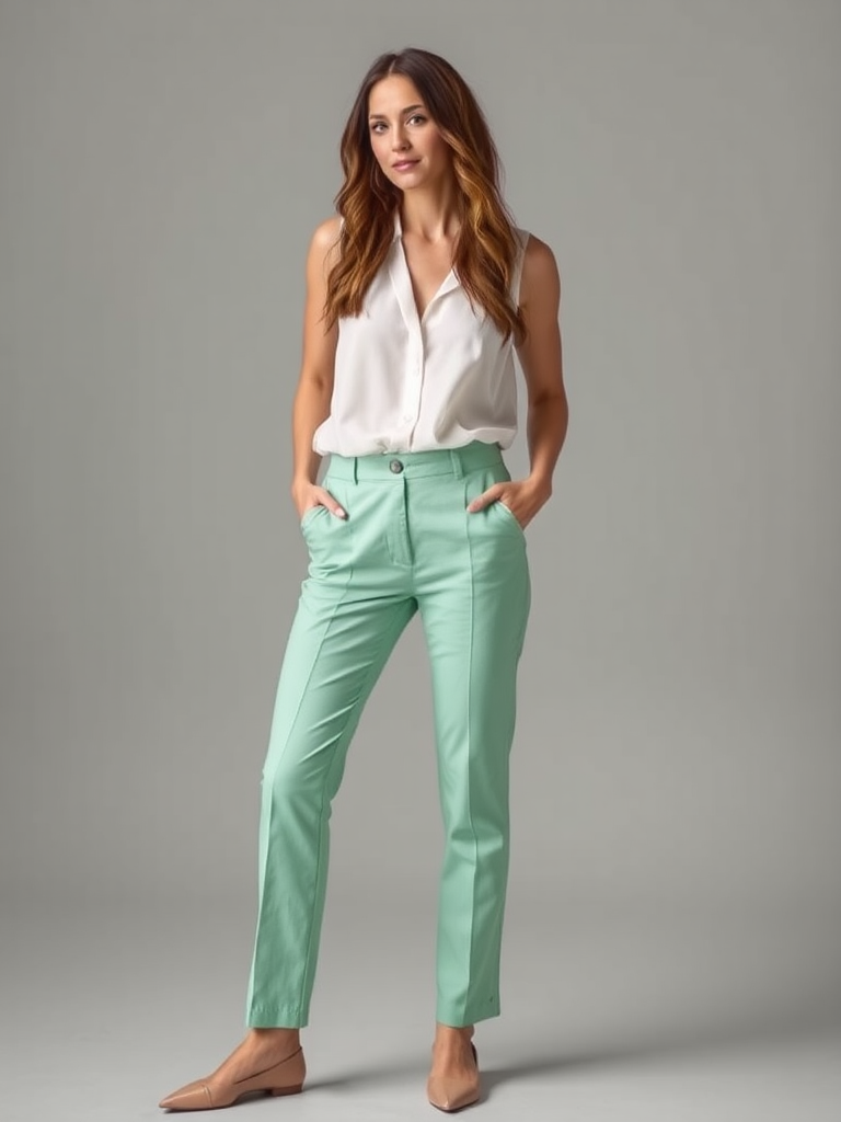 Woman in preppy pastel pants outfit