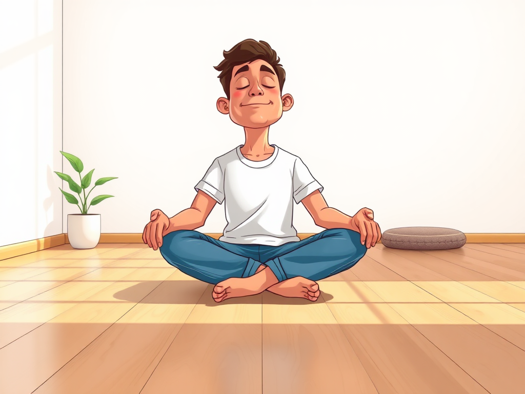 catroon adult character sitting crossed legged on the floor meditating with clothes on jeans and t-shirt
