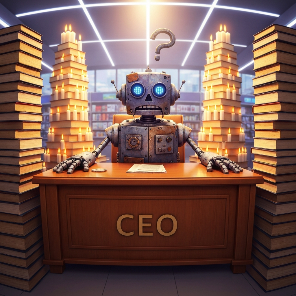 Robot CEO surrounded by candles and books — when AI memory fails