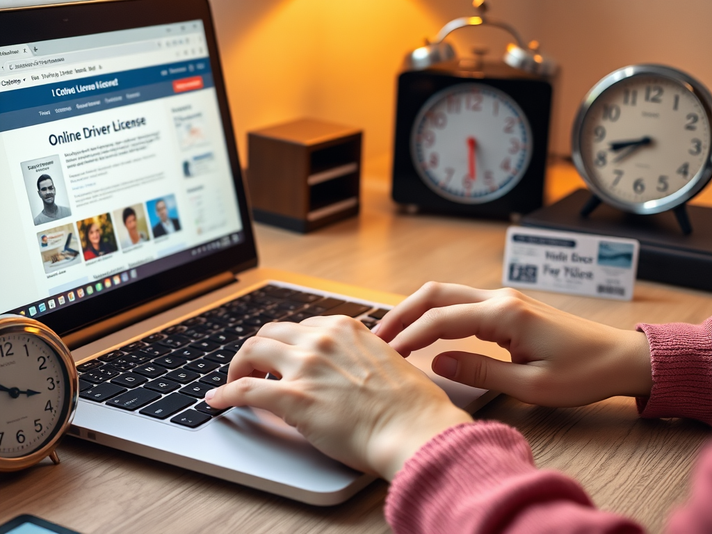 Create a realistic image of a white female's hands typing on a laptop keyboard, with a Texas driver's license visible nearby on a desk. The laptop screen displays an official-looking website for online license replacement. A clock on the desk shows a fast-moving second hand, emphasizing speed. Soft, warm lighting illuminates the scene, creating a sense of efficiency and urgency.