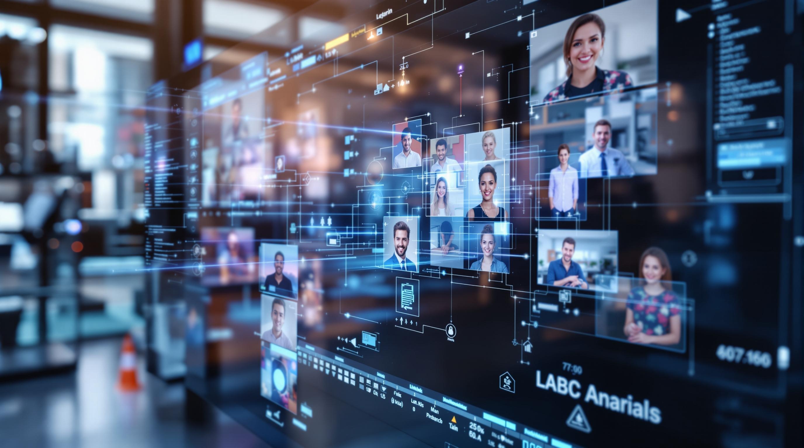 Modern digital workspace with AI algorithms visually analyzing and classifying diverse photos, computer vision elements, facial and object recognition overlays, sleek professional interface, clean and futuristic style, 16:9 aspect ratio