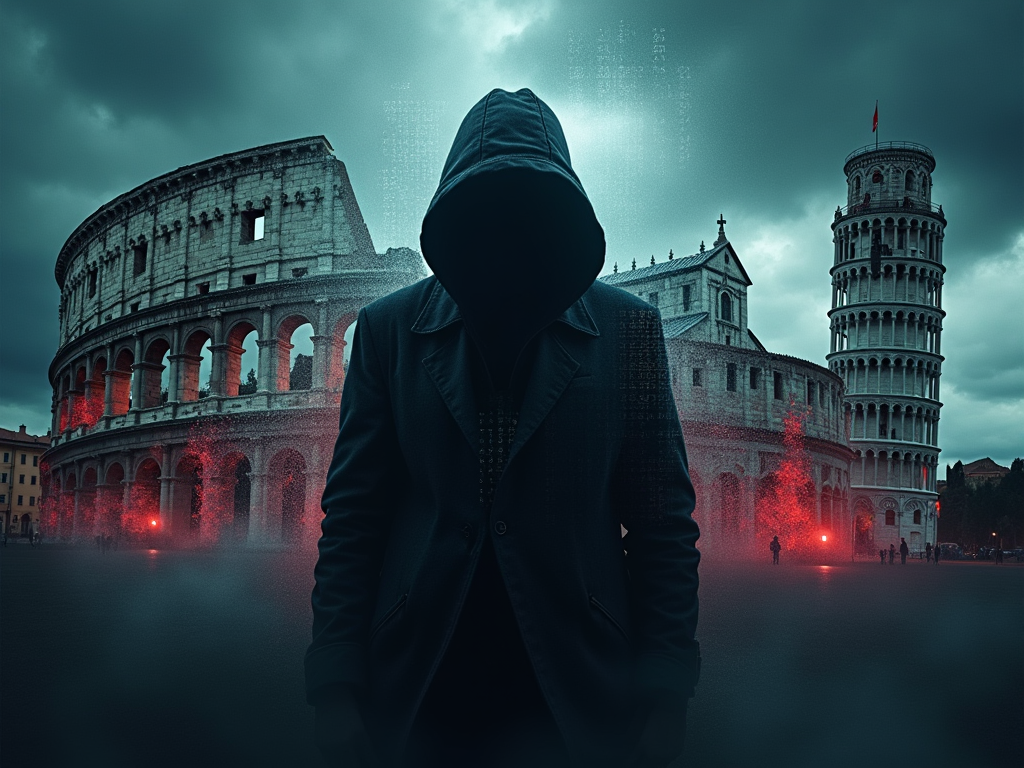 Visualize a dramatic and intense cover image for the paper on the Italian data breach. The central focus is a large, shadowy silhouette of a mysterious figure, representing the former law enforcement official Carmine Gallo, positioned in the foreground. This figure is partially obscured by digital binary code strings, symbolizing the infiltration of the national databases. Behind the figure, a chaotic collage of Italian landmarks like the Colosseum and the Leaning Tower of Pisa are intertwined with visual representations of digital networks and cybersecurity lock icons, implying the widespread impact of the breach. The background features a stormy sky, painted in deep blues and grays, evoking a sense of impending danger and urgency. Intense, focused light beams from the silhouette's eyes towards the viewer, suggesting scrutiny and the breach's penetrating impact. The artistic style combines digital art with elements of surrealism to highlight the breach's surreal and profound implications on national security. The color palette uses primarily dark shades of blue, gray, and black, with strategic highlights of red to signify danger and alertness.