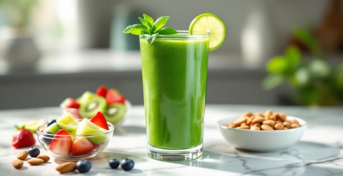 A green smoothie with mint and lime, surrounded by bowls of fruits and nuts on a white marble counter.
