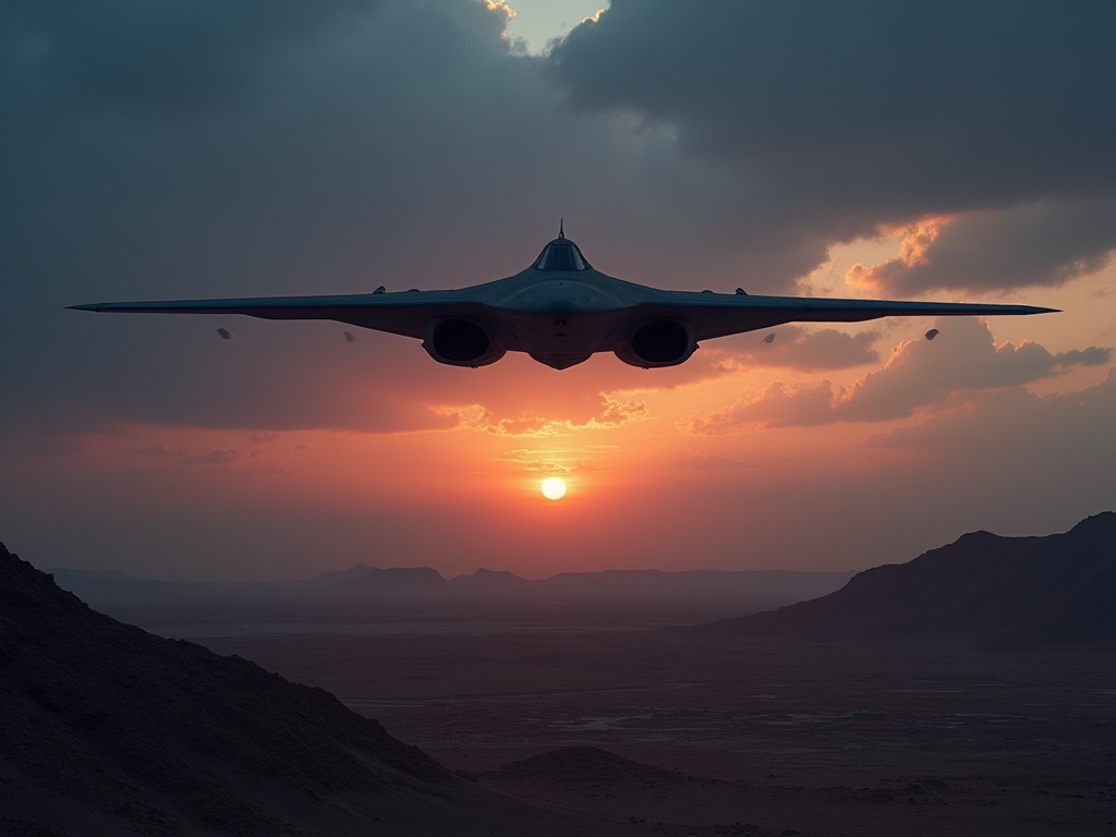 Visualize a dramatic and intense scene showing a US B-2 stealth bomber flying over a barren, desert landscape of Yemen under a twilight sky. The bomber, depicted with sleek, futuristic lines, is centrally positioned and dominates the upper half of the image, emphasizing its formidable presence. Below, the rugged terrain of Yemen is subtly illuminated by the last rays of the setting sun, casting long shadows and highlighting the isolation of the area. The background features a dramatic sky with deep blues and purples, streaked with fiery orange and red at the horizon, symbolizing tension and conflict. The artistic style should be hyper-realistic, capturing the detail of the bomber and the rough texture of the desert landscape. The color palette should include deep indigo, dusky purple, burnt orange, and sandy beige, creating a mood of somber intensity and strategic contemplation. This image should evoke the seriousness of military operations and the geopolitical tensions in the region, while also showing the technological prowess and isolated action of the B-2 bomber in a hostile environment.