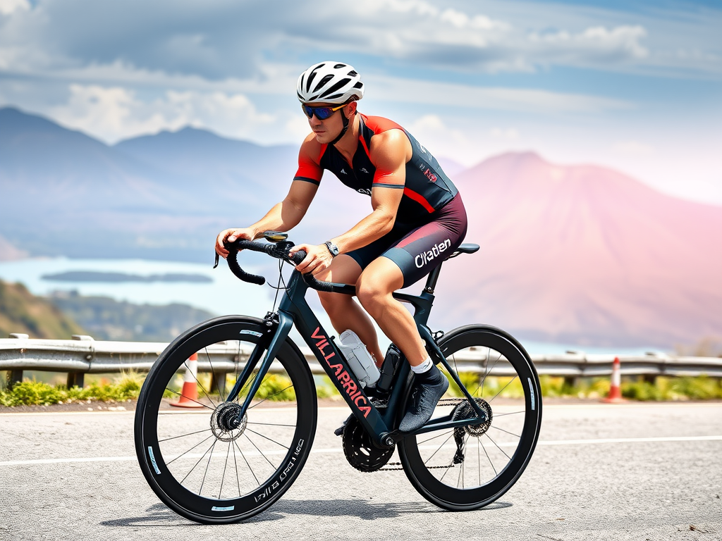 Create a realistic image of a determined white male triathlete in an aerodynamic cycling position on a high-performance time trial bike, riding along a scenic mountain road with Lake Villarrica and Villarrica volcano visible in the background, wearing a sleek cycling kit and aero helmet, with a power meter visible on the bike's handlebars, showcasing efficient cycling technique and body positioning.