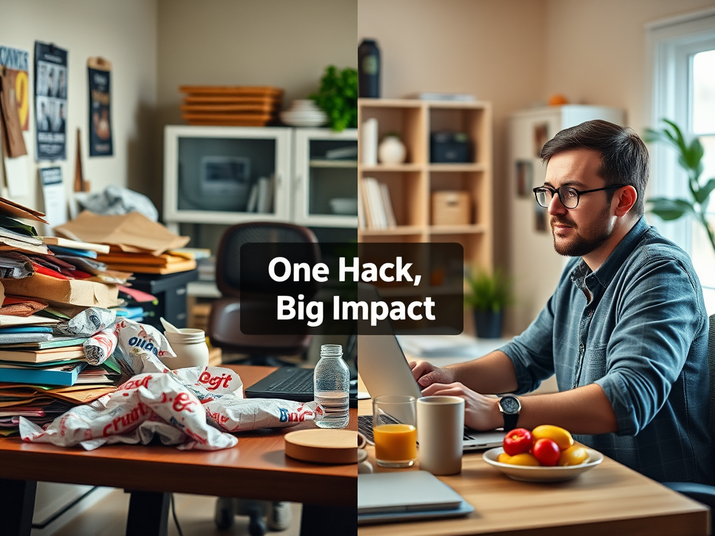 Create a realistic image of a split-screen view: on the left, a cluttered desk with fast food wrappers and a stressed person hunched over a laptop; on the right, a clean, organized workspace with a water bottle, healthy snacks, and the same person looking energized and focused. The background should be a warm, well-lit home office setting. Include a small text overlay in the center reading "One Hack, Big Impact".